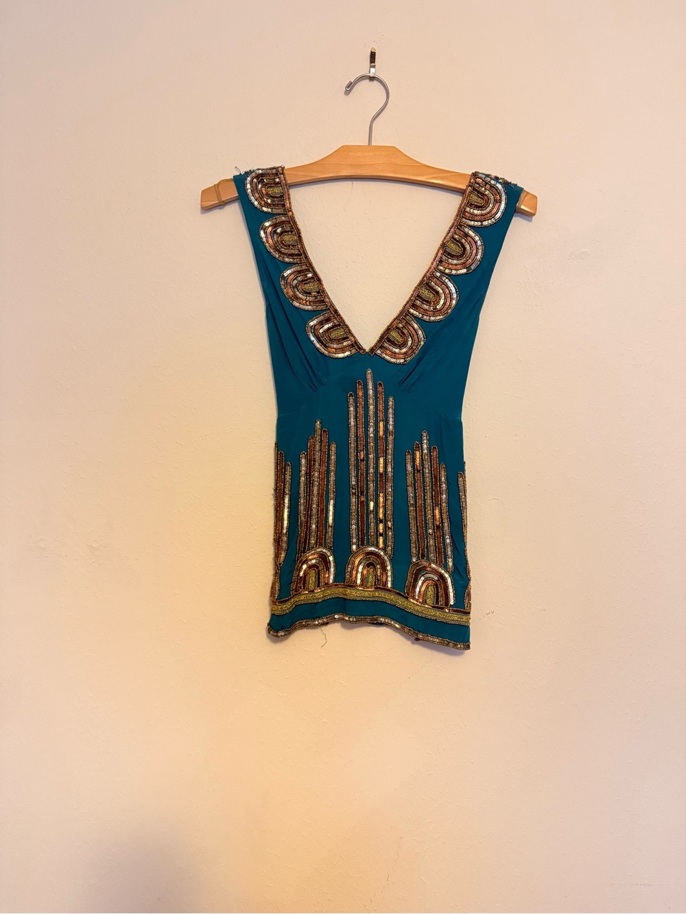 Tracy Reese Teal Beaded V-Neck Sleeveless Camisole
